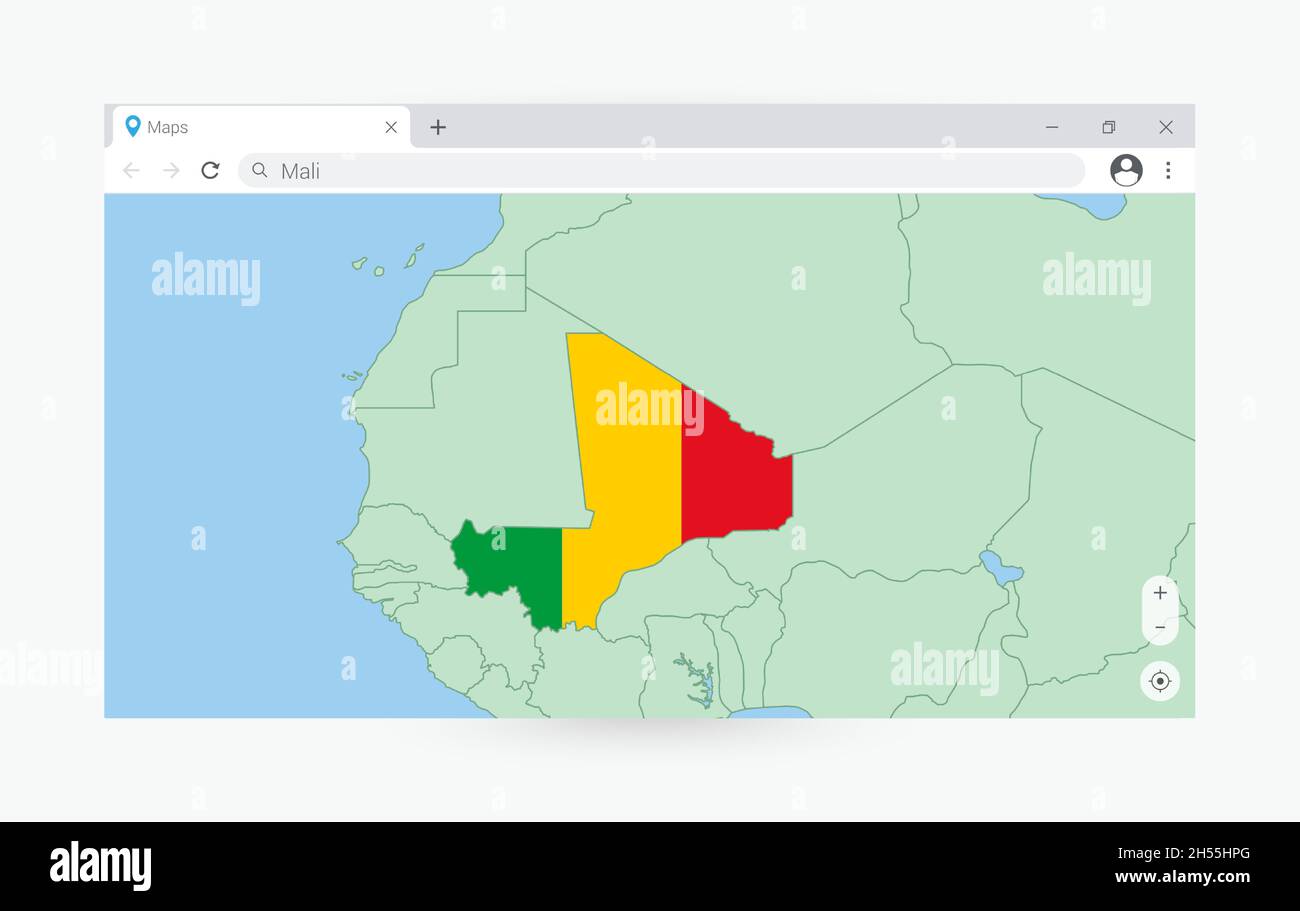 Browser-Fenster mit Karte von Mali, Suche Mali im Internet. Moderne Browserfenster-Vorlage. Stock Vektor