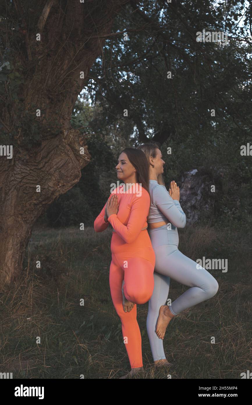 Zwei glückliche junge Freundinnen üben Yoga im Freien Stockfoto