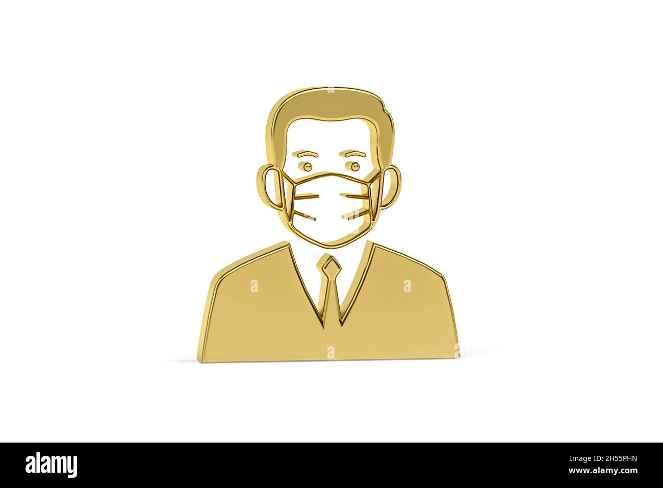 Golden 3d Covid Prevention Icon - Menschen mit medizinischer Gesichtsschutzmaske - Gesichtsmaske gegen Coronavirus - 3D Render Stockfoto