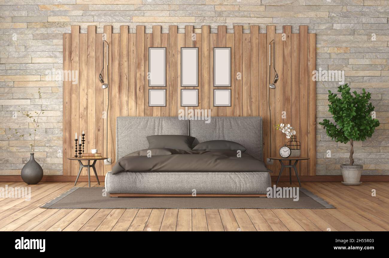 Modernes Schlafzimmer mit Doppelbett gegen Holzpaneele und Steinwand -  3d-Rendering Stockfotografie - Alamy