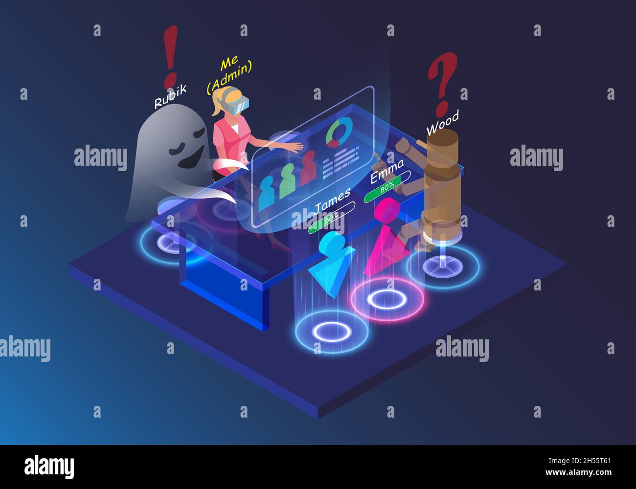 Lustige Zeichentrickfigur Treffen Online-Business-Gruppe. Visual Reality Technologie HUD und VR Hologramm Chat. Isometrisches Hi-Tech 3D auf dem Hintergrund-Schnittbereich Stock Vektor