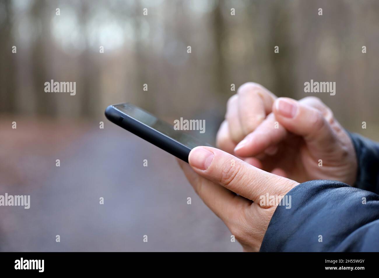 Weibliche Hände mit Smartphone Nahaufnahme auf verschwommenem Hintergrund des Herbstparks. Frau, die bei kaltem Wetter im Freien mit einem Mobiltelefon telefoniert Stockfoto