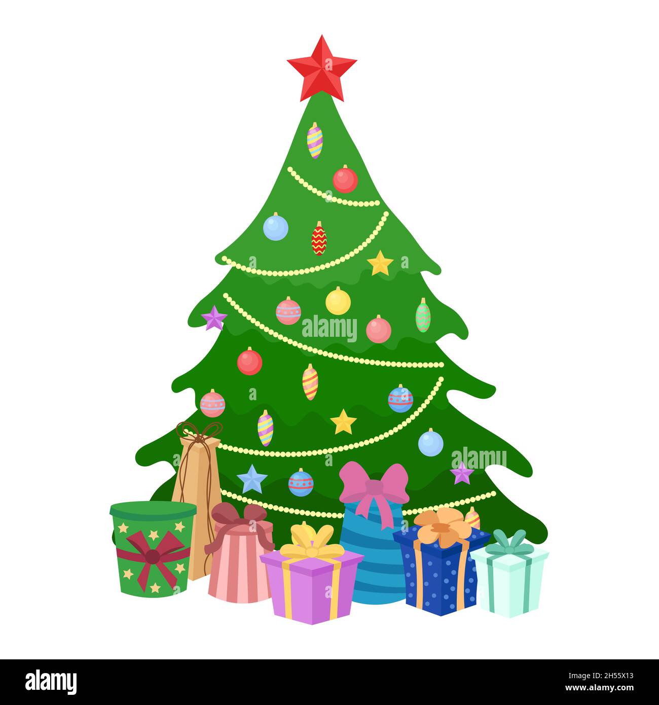 Weihnachtsbaum mit Geschenken isoliert dekoriert. Symbol für Winterferien. Vektorgrafik flach. Stock Vektor