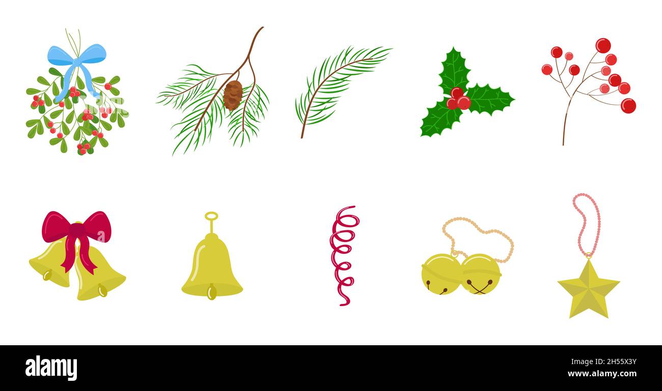 Weihnachtsschmuck Set. Blumenschmuck Vektor-Kollektion. Glockengeläute, Stechpalme, Tannenzweige. Stock Vektor
