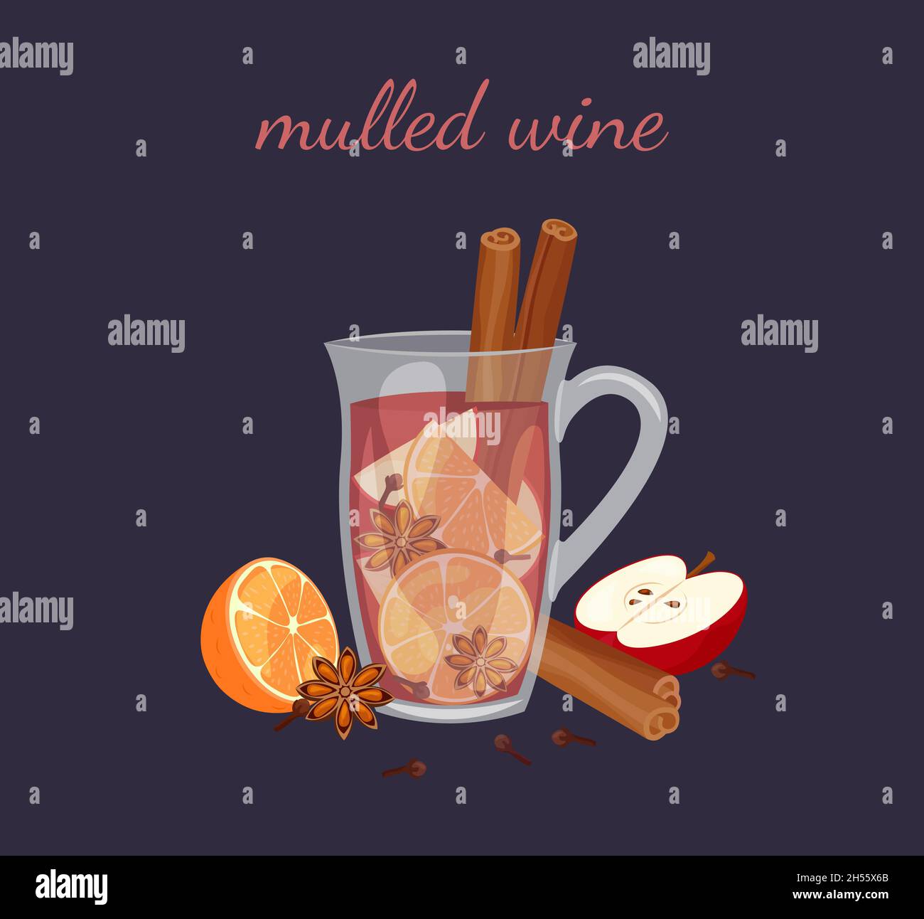 Glühwein isoliert auf dunklem Hintergrund. Glaskrug mit heißem Wintergetränk. Zutaten Rotwein, Zimt, Anise, Orange, Nelke und Apfel. Vektor-il Stock Vektor