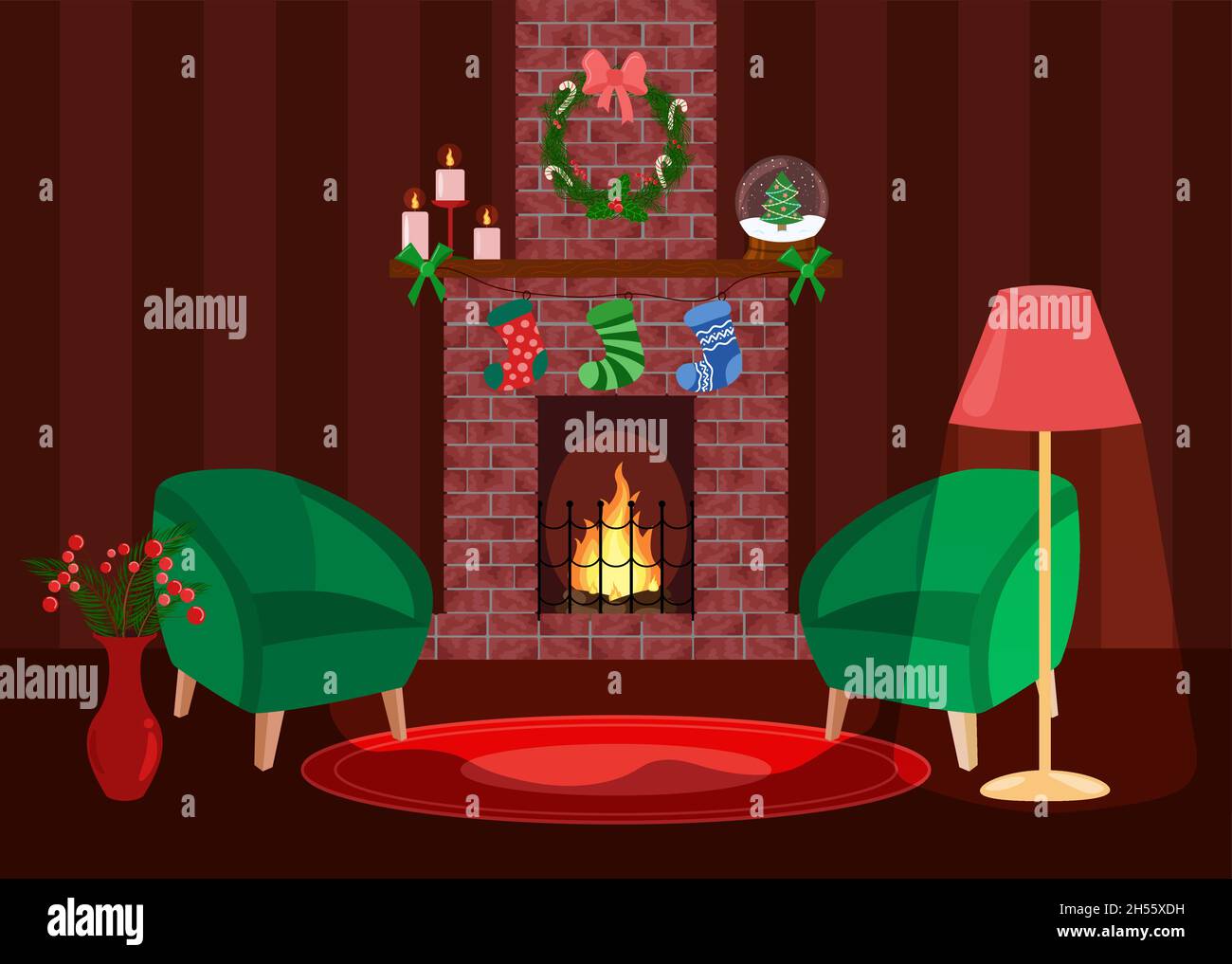 Weihnachtsabend Home Interieur. Lampe, Kerzen, Feuer im Kamin sind angezündet. Winterurlaub Kamin im dunklen Wohnzimmer. Vektorgrafik flach. Stock Vektor