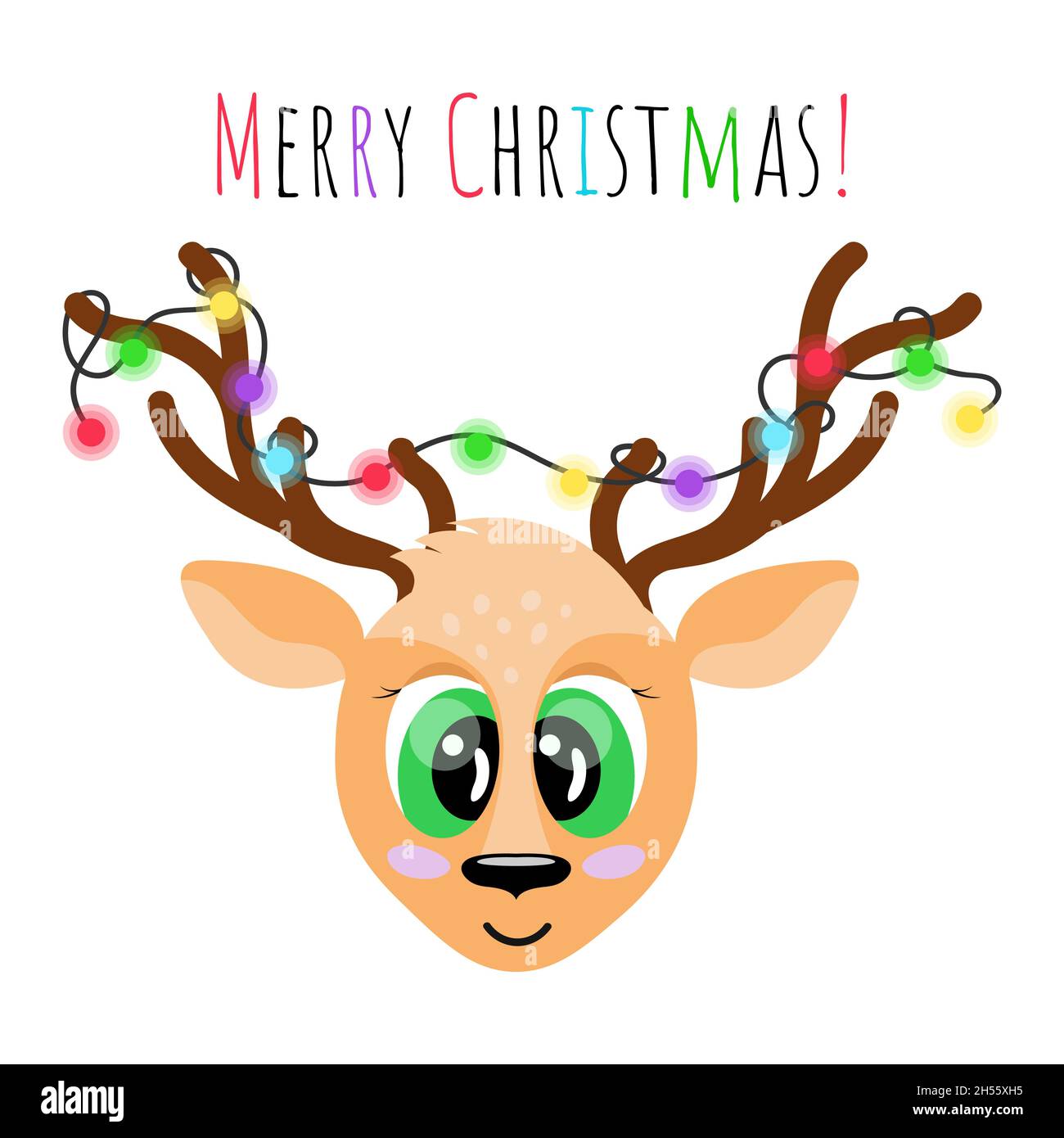 Weihnachtskarte. Niedliche Cartoon-Hirse mit leuchtenden bunten Girlande auf Hörnern isoliert. Vektorgrafik. Stock Vektor