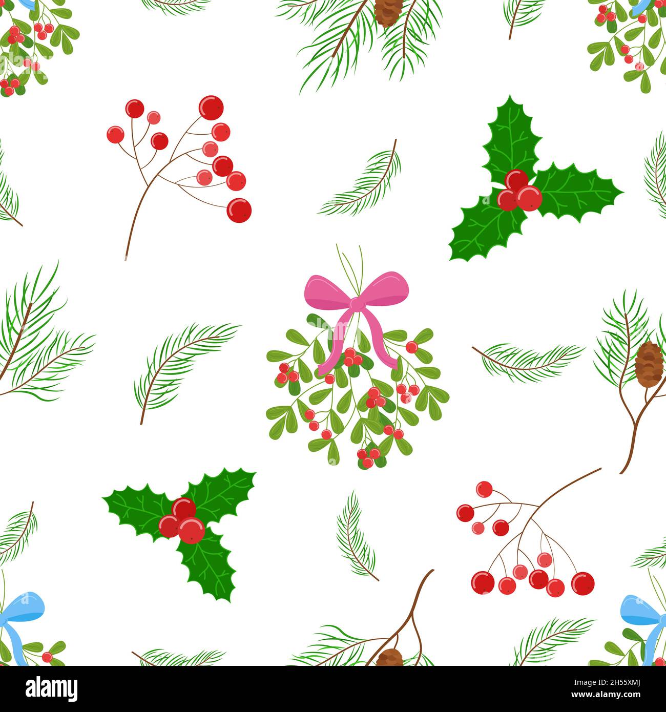 Weihnachtspflanzen Vektor-Muster. Florale Dekorelemente auf weißem Hintergrund. Nahtlose Urlaubskulisse mit Mistel, Tannenzweig, Stechpalme, Zweig mit ber Stock Vektor