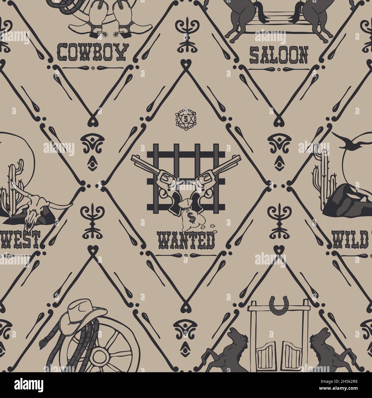 Nahtloses Vektor-Muster mit altem Wild-West-Logo auf grauem Hintergrund. Vintage Texas Tapete Design. WESTERN Fashion Textil. Stock Vektor