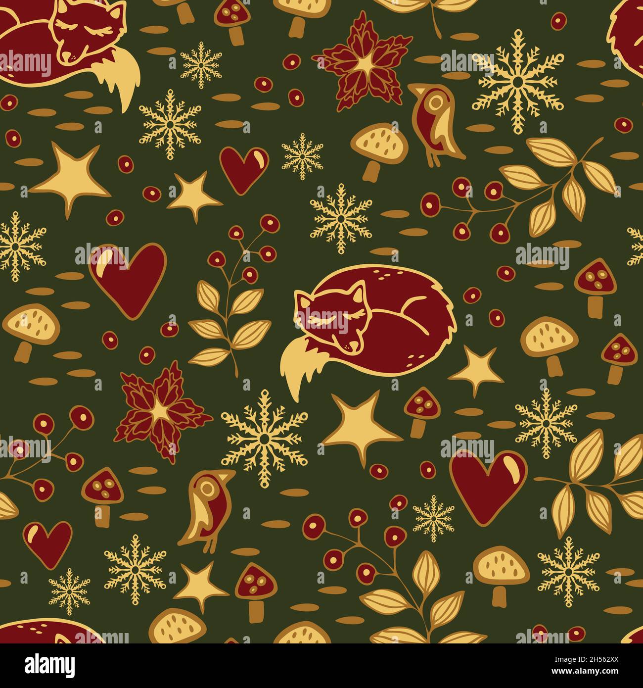 Nahtloses Vektor-Muster mit Weihnachtswald auf grünem Hintergrund. Einfache Winter Tier Tapete Design. Festliche Saison Mode Textil. Stock Vektor