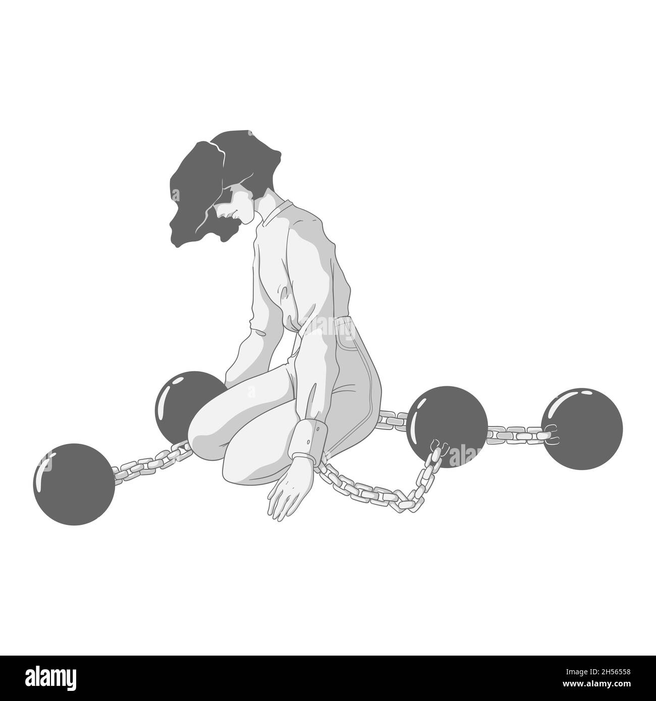 Die Frau sitzt in Ketten mit einem Gewicht. Erschöpftes krankes, müdes Mädchen mit Fesseln. Konzept der psychischen Störung. Psychische Gesundheit Problem. Handgezogen ve Stock Vektor