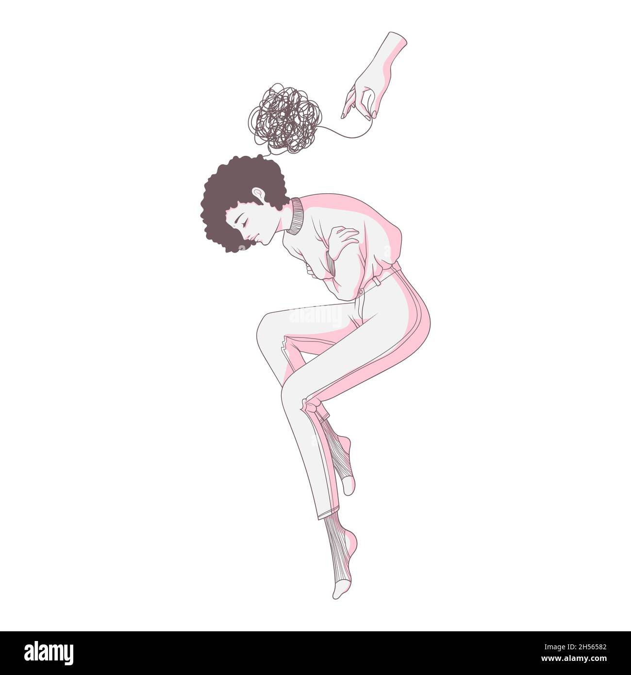 Die menschliche Hand hilft der Frau bei psychischen Problemen. Psychologische Hilfe für psychische Störungen Konzept. Vektor Handgezeichnete Illustration von emotionalen und psycholo Stock Vektor