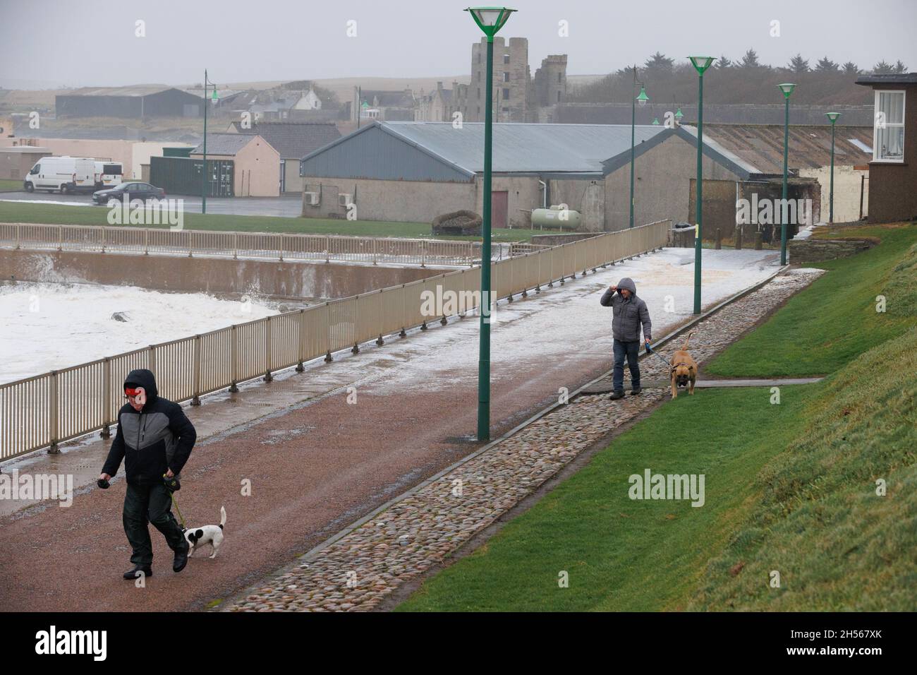 Thurso, Schottland. Nov. 7 2021. Zwei Männer laufen mit ihren Hunden am Wasser entlang, während die Windböen in Thurso, Caithness, Schottland, stürmen. Stockfoto