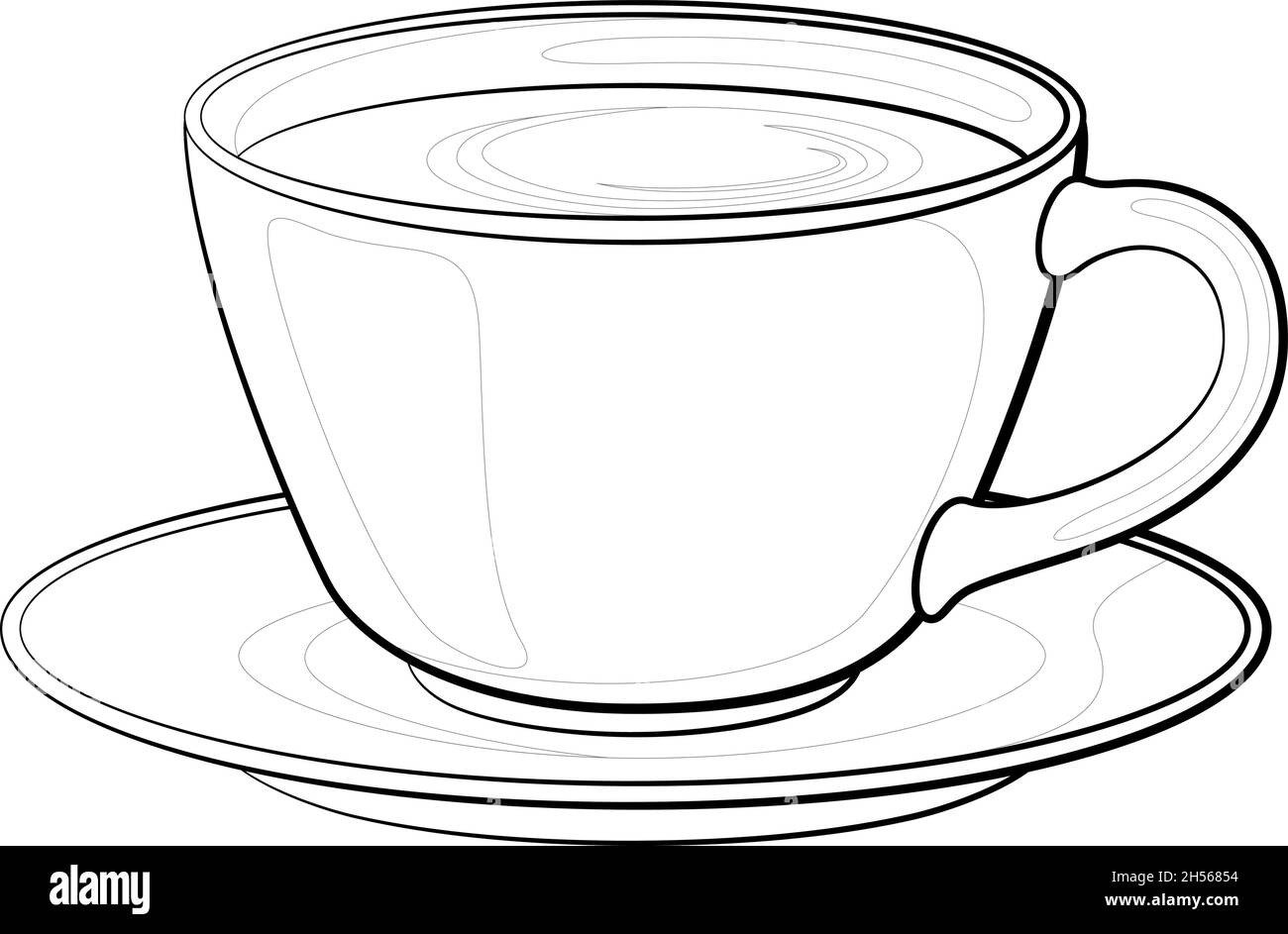 Tasse mit einem Getränk, schwarze Konturen auf weißem Hintergrund. Vektor Stock Vektor