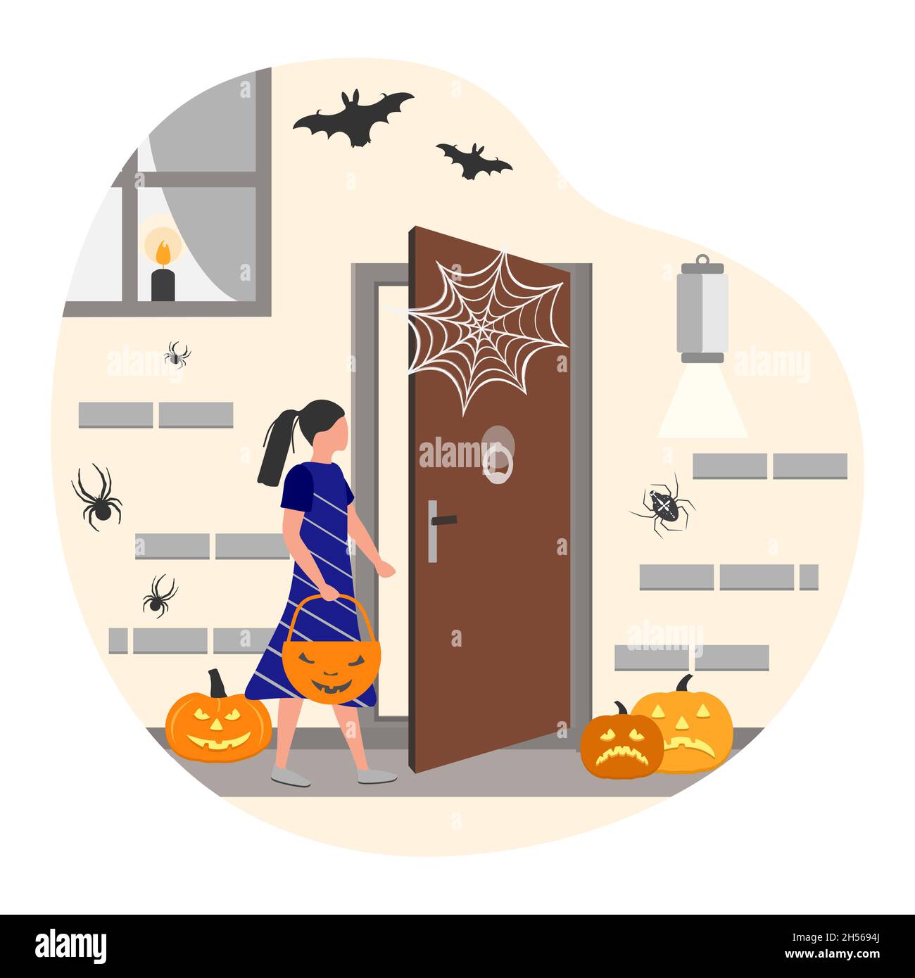 Vektor-Illustration Happy Halloween. Mädchen trägt festliche Kleidung zu feiern Halloween. Weibliche Kind steht vor Gericht vor der Tür Haus schmücken Stock Vektor