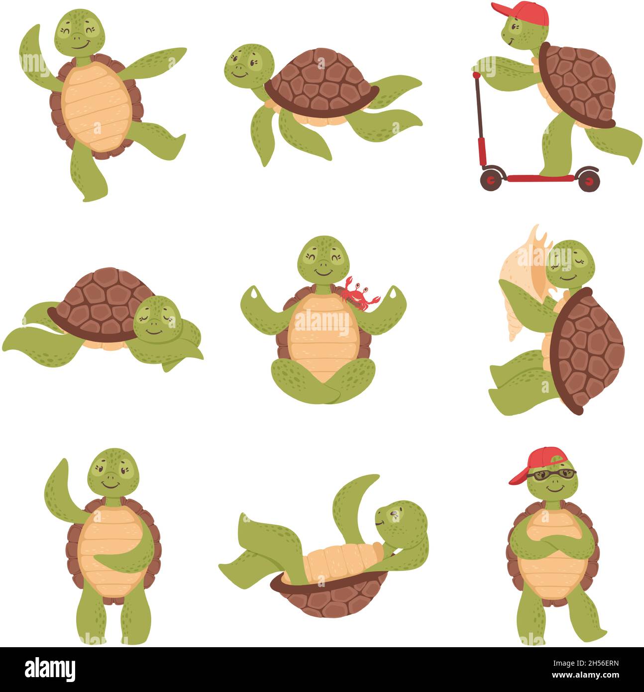 Cartoon niedliche Schildkröten, lustige Schildkröten-Charaktere. Glückliche  kleine Schildkröte schwimmen, schlafen oder tun Yoga, Meer aquatics Tier  Vektor-Set. Fröhlicher Charakter Reiten Roller, trägt Mütze  Stock-Vektorgrafik - Alamy