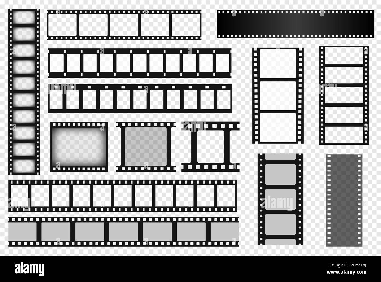 Filmstreifen im Kino, alter Film-Rollenrahmen, Filmstreifen-Rolle. Vintage Foto oder Videokamera Tape Vorlage, leere Negativfilme Streifen Vektor-Set. Monochromer Retro-Rand isoliert auf transparent Stock Vektor