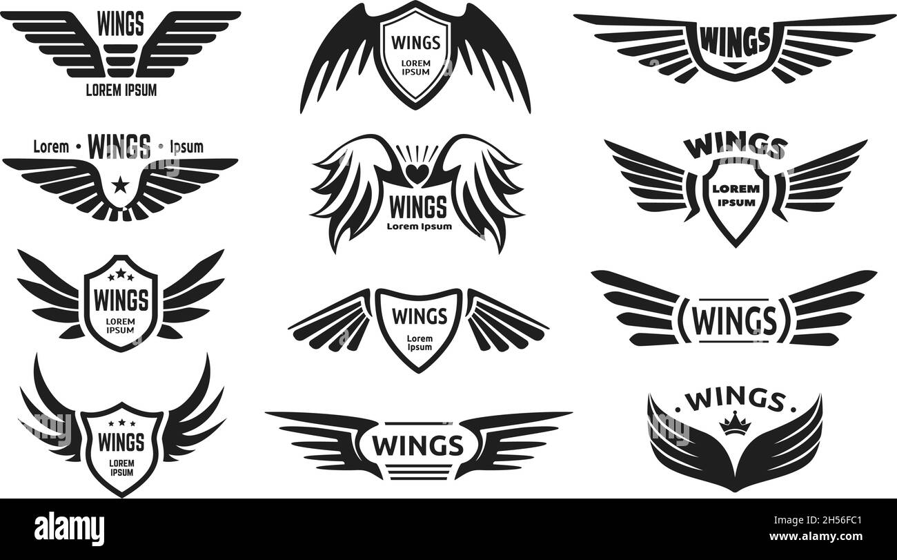 Adler-Flügel-Logo, Flügel mit Schild-Abzeichen, Pilot-Flügelemblem. Schwarze Militärabzeichen, fliegende Falken Armee Label, Engelsflügel Logos Vektor-Set. Gefedert stilisiertes Tattoo oder Logo Stock Vektor
