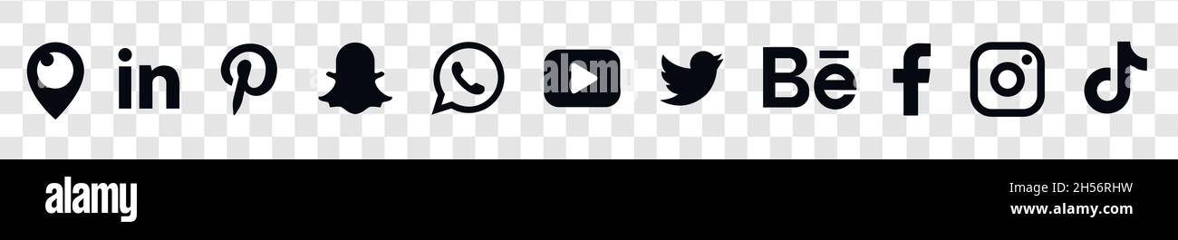Beliebte Social-Media-Logotypenkollektion: Facebook, TikTok, instagram, twitter, youtube, linkedin, pinterest, Periscope, Vimeo. Stock Vektor