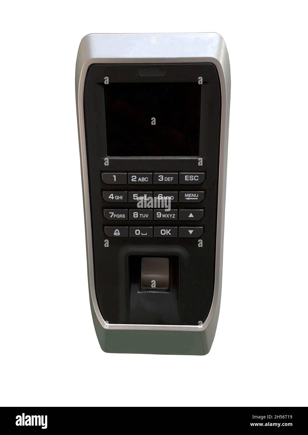 Biometrischer Fingerabdrucksensor für die Zugangskontrolle, separater Fingerabdruck-Scan auf weißem Hintergrund. Stockfoto