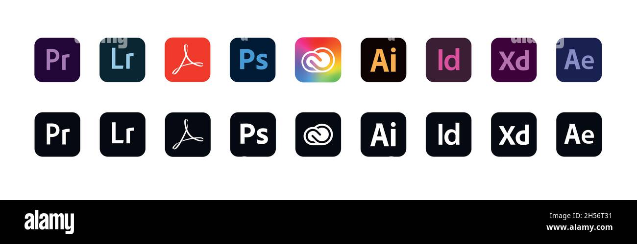 Kiew, Ukraine - 5. Oktober 2020: Logo-Set von adobe-Produkten. Redaktionelle Vektorgrafik. Stock Vektor
