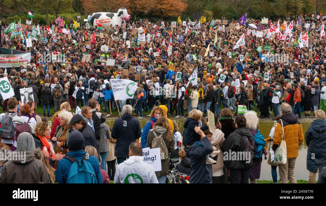 Amsterdam, Niederlande, 06. November 2021. Blick über die Menschenmenge im Westerpark am Ende des Climat-Marsches, hinten eine riesige aufblasbare Kuh mit dem Text: Mehr Leben, weniger Fleisch. Schätzungsweise 40.000 Personen nahmen daran Teil. Kredit: Steppeland/Alamy Live Nachrichten Stockfoto