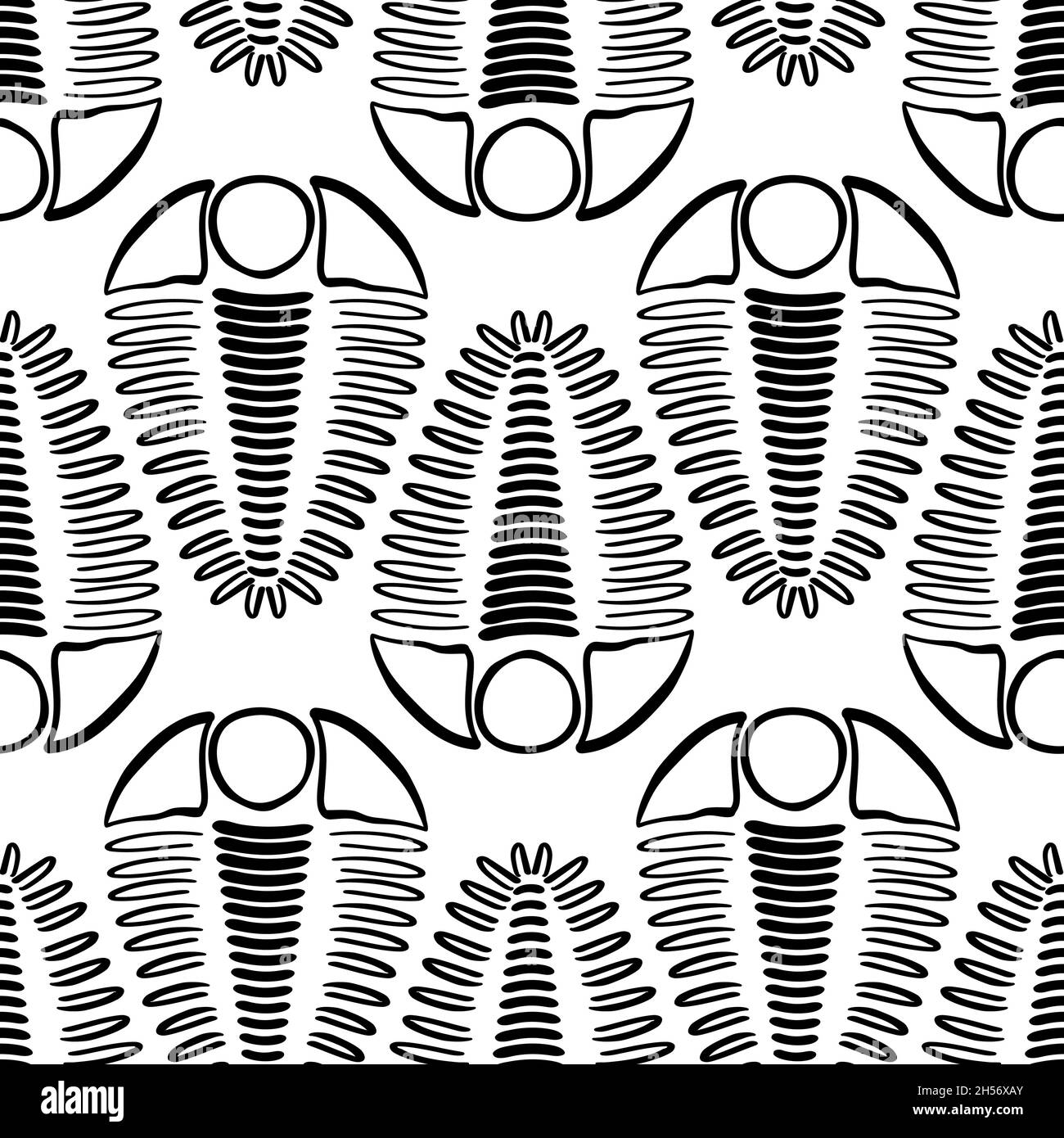 Trilobiten Vektor nahtloses Muster Hintergrund. Handgezeichnete Arthropoden gerippte Schale marine Fossilien. Monochromer schwarz-weißer Hintergrund.ausgestorbener Kambrium Stock Vektor
