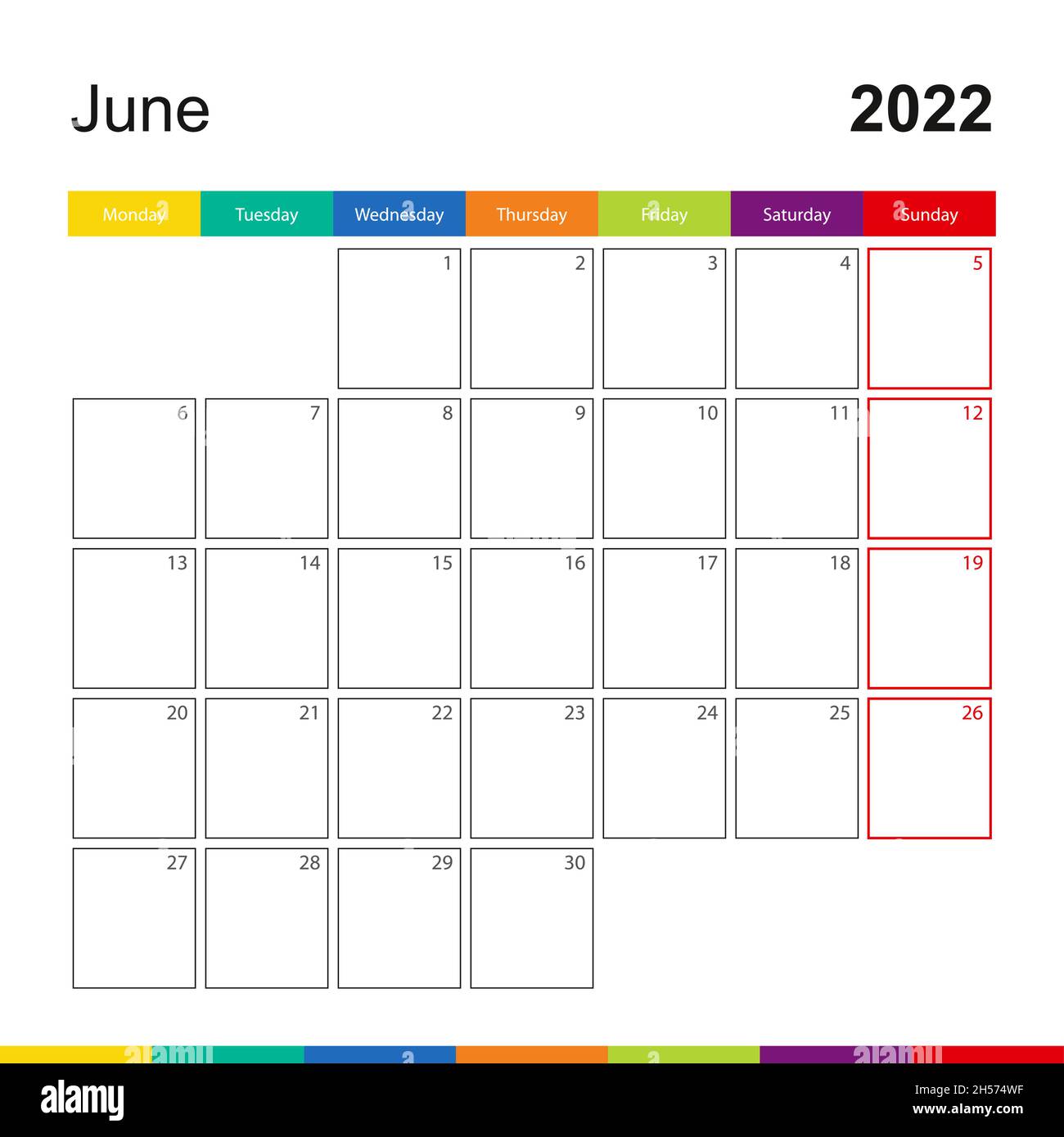 Juni 2022 Bunte Wandkalender, Woche beginnt am Montag. 2022 Kalendervorlage. Stock Vektor