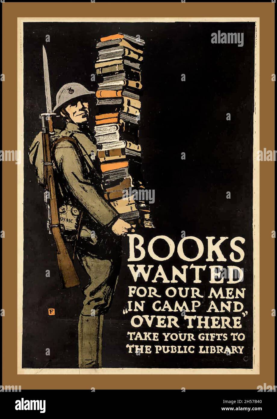 1900 Vintage WW1 USA Propaganda Poster Bücher gesucht Für unsere Männer im Lager und "Drüben", das Plakat von Charles Schnallen fällt, 1918. Eure Gaben der Öffentlichen Bibliothek Stockfoto