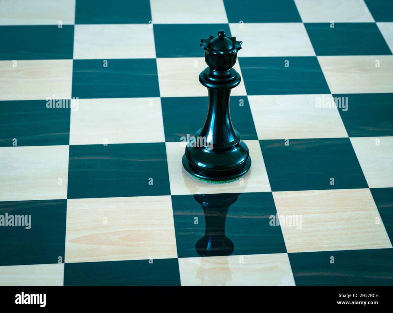 Schwarze Königin auf einem Schachbrett. Schachfigur. Stockfoto