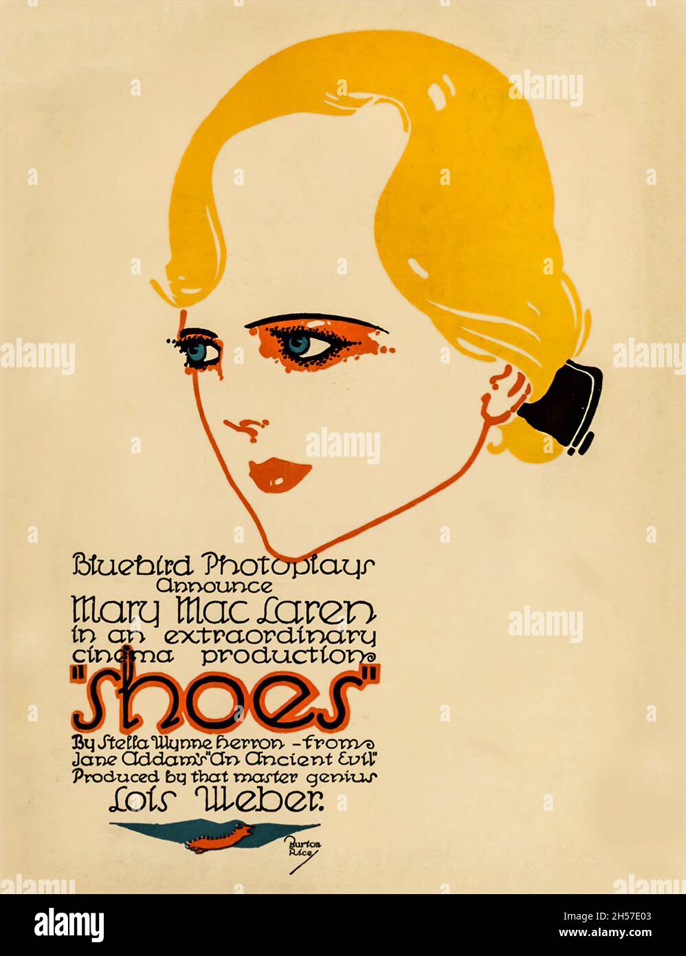 Theaterplakat, entworfen von Burton Ris für Lois Webers Produktionsschuhe 1916 mit Mary MacLaren - Old and vintage Movie Poster. Stockfoto