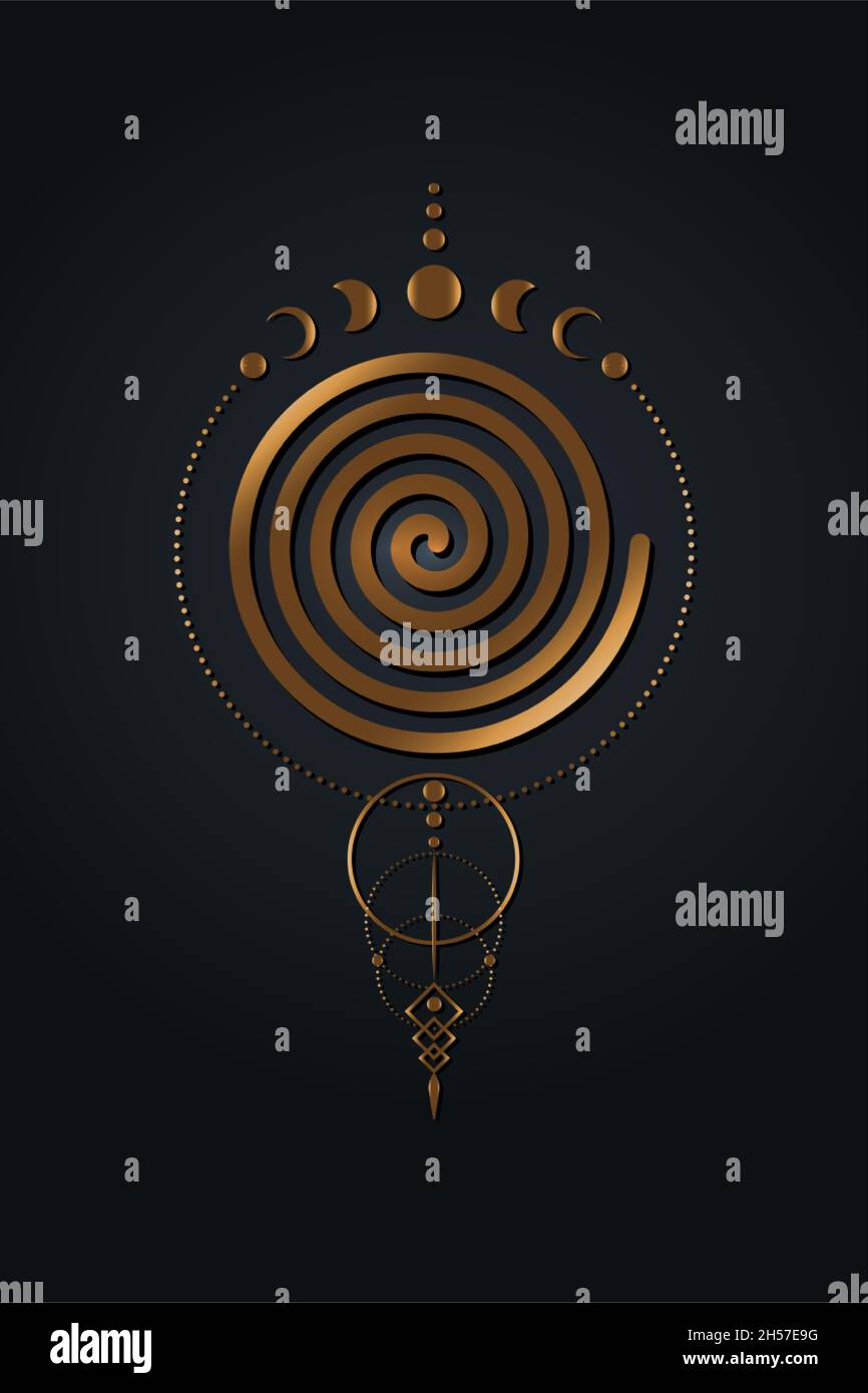 Mystische Spiral- und Mondphasen, Heilige Geometrie. Goldenes Logo Göttliche weibliche heidnische Wiccan Göttin Symbol. Altes goldenes Wicca-Bannerschild, Energiekreise, Stock Vektor