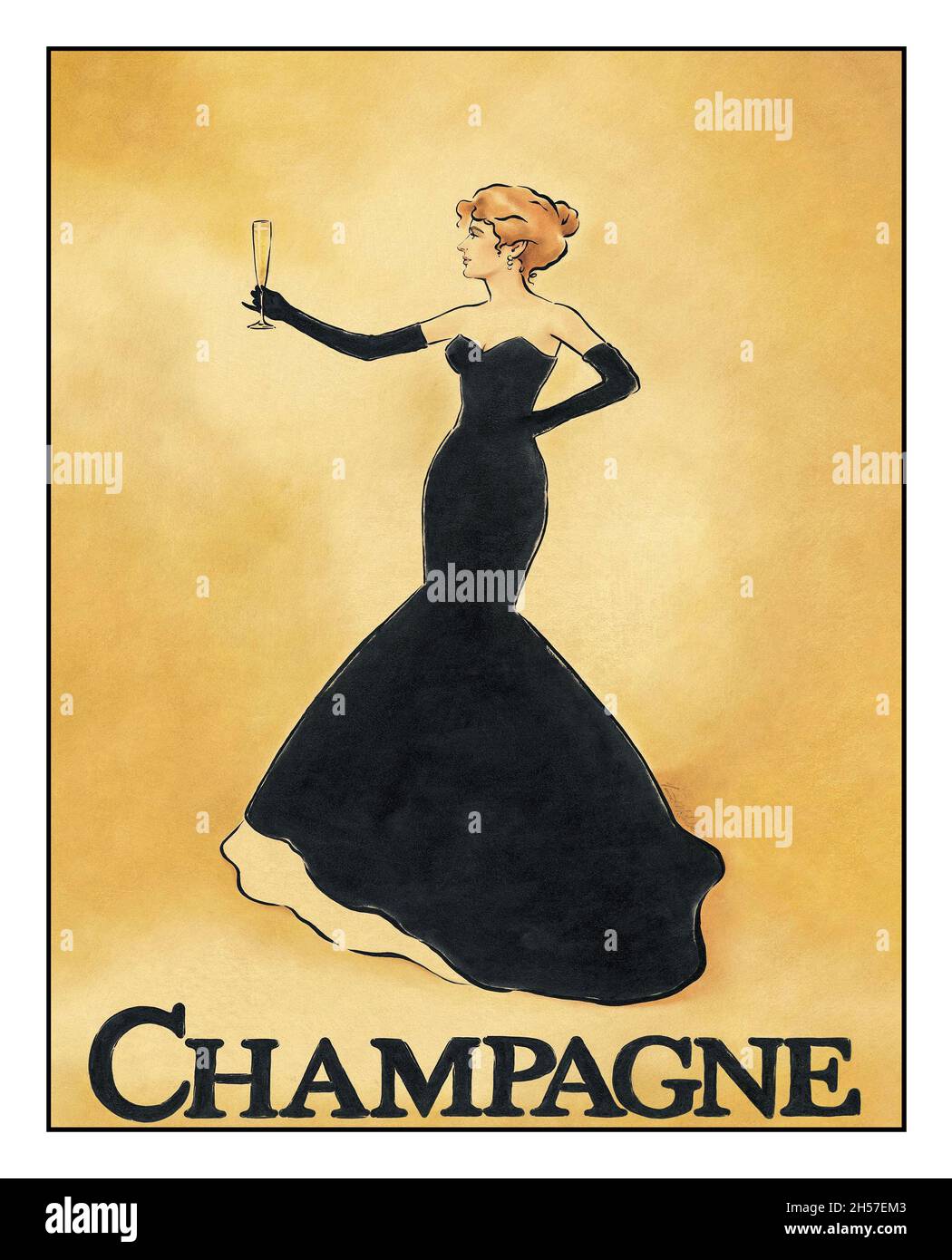 Vintage French CHAMPAGNE Poster mit eleganter Dame mit einer Sektflöte Stockfoto