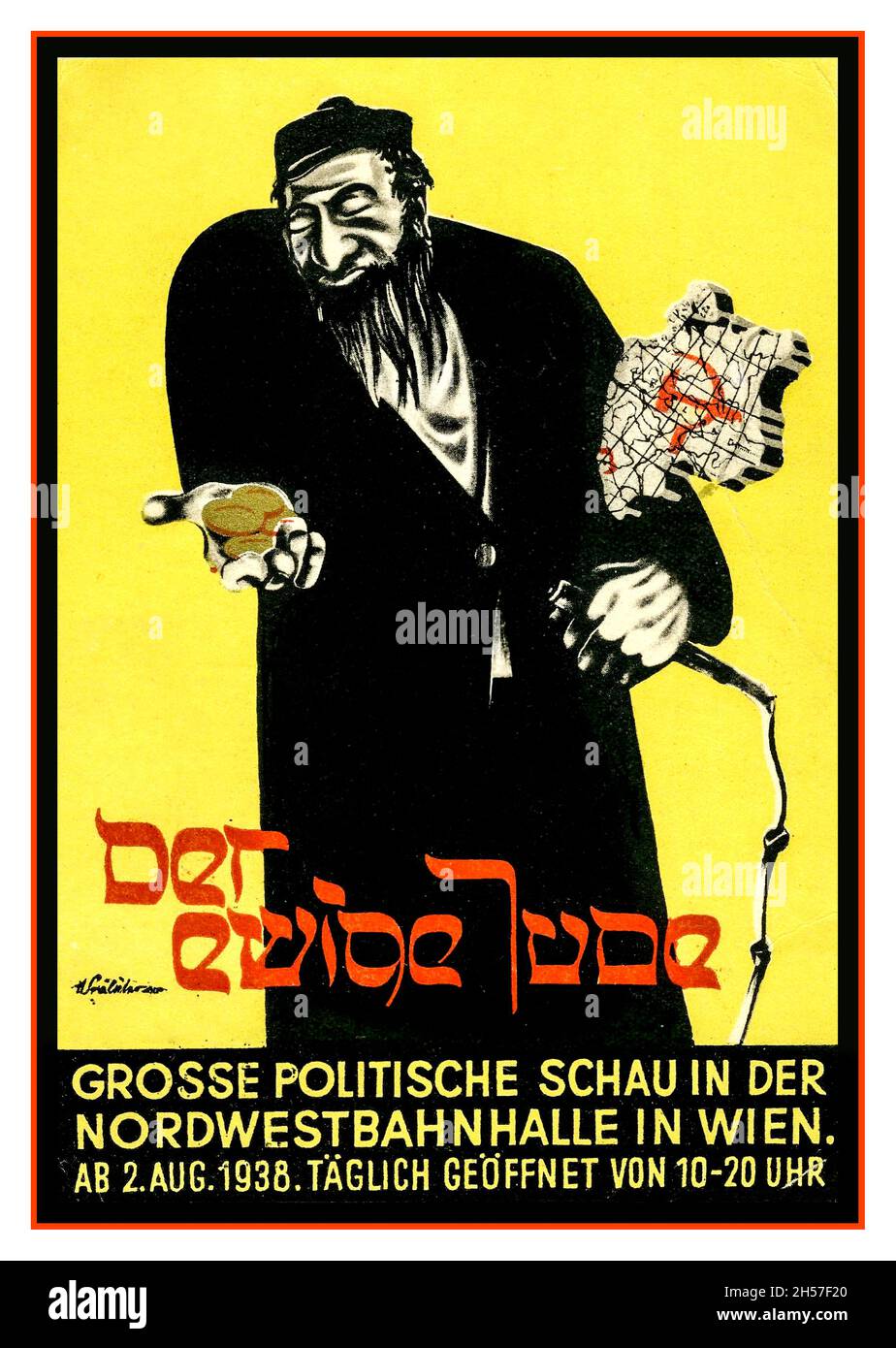 „DER EWIGE JUDE“ Nazi-antijüdischer Rassismus antisemitisches Poster Gelbes Poster mit einer Illustration eines stereotypen jüdischen Mannes, der einen Stock und eine Karte mit dem kommunistischen Hammer und Sichel in der einen Hand und Münzen in der anderen hält. Enthält den Titel „der Ewige Jude“ in der Schrift, die Hebräisch spiegelt. Um die antisemitischen Ziele der Nazis weiter zu fördern, wurde 1937 eine Wanderausstellung mit dem Namen „der Ewige Jude“ geschaffen. Nazi-Deutschland Stockfoto