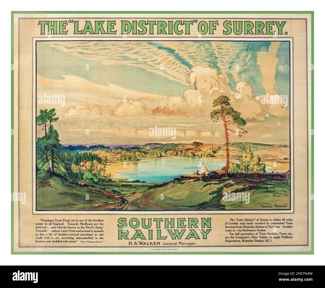 Vintage Travel Southern Railway Poster 1900s „The Lake District of Surrey“ von Donald Maxwell 1920 mit Frensham Great Pond Britain Großbritannien Stockfoto