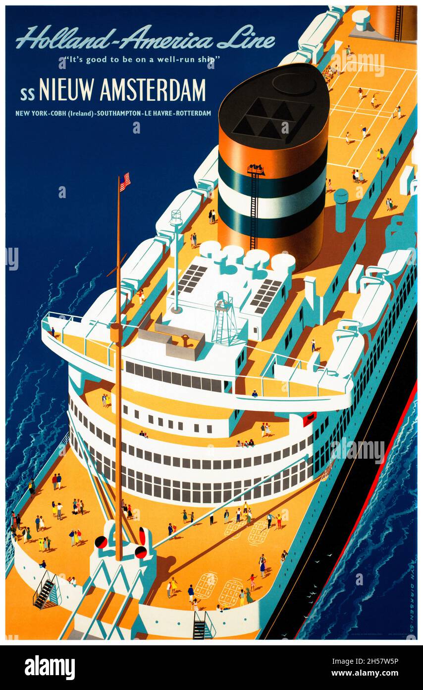 Holland America Line. SS Nieuw Amsterdam von Reyn Dirksen (1924-1999). Restauriertes Vintage-Poster, das 1953 in den Niederlanden veröffentlicht wurde. Stockfoto