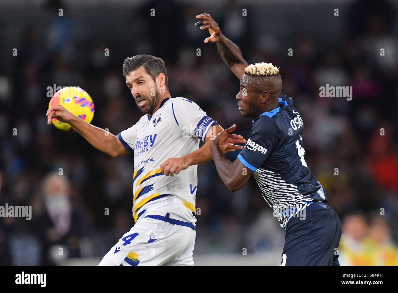 Diego Armando Maradona Stadium, Neapel, Italien, 07. November 2021, Der Mittelfeldspieler Miguel Veloso von Hellas Verona tritt mit dem napoliischen Stürmer Victor Osimhen während des Spiels SSC Napoli gegen den FC Hellas Verona - italienische Fußballserie A, um den Ball an Stockfoto