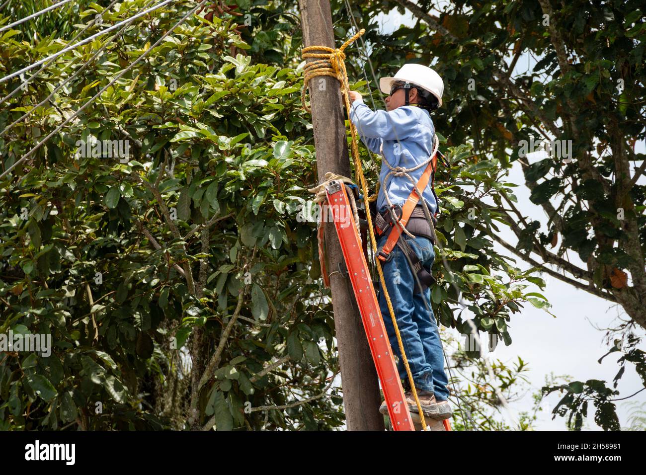 Elektriker mit Kleidung, Helm und Sicherheitsgurt, der auf einem Lichtmast klettert. Elektriker bei der Arbeit. Stockfoto