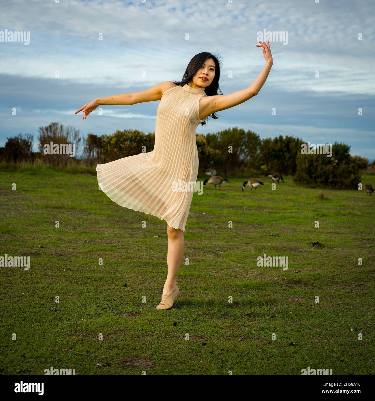 Frau im Kleid, die Ballett macht, posiert in den Sümpfen Stockfoto