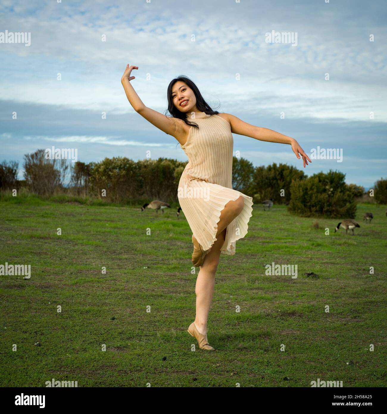 Frau im Kleid, die Ballett macht, posiert in den Sümpfen Stockfoto