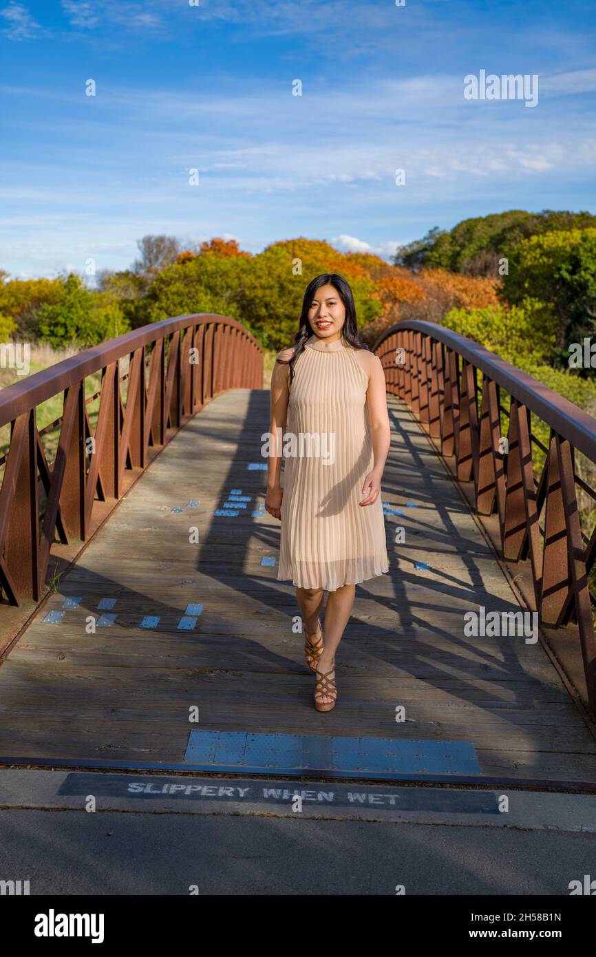 Junge asiatische Frau in einem Kleid auf einer Metall- und Holzbrücke in den Sümpfen Stockfoto