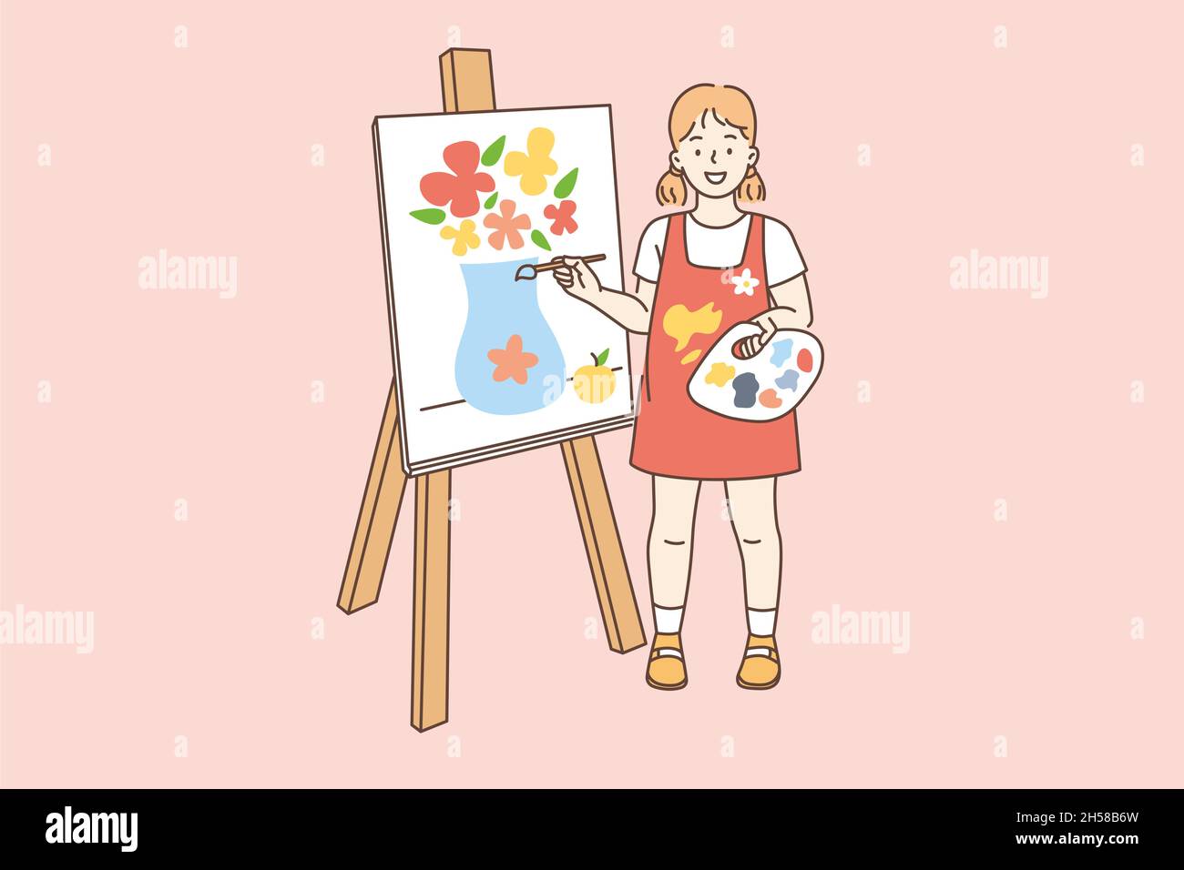 Zeichnen Malerei und Hobby-Konzept. Lächelndes Mädchen Cartoon-Figur steht  über Leinwand und Malerei Blumen in Vase mit Pinsel Vektor Illustration  Stock-Vektorgrafik - Alamy