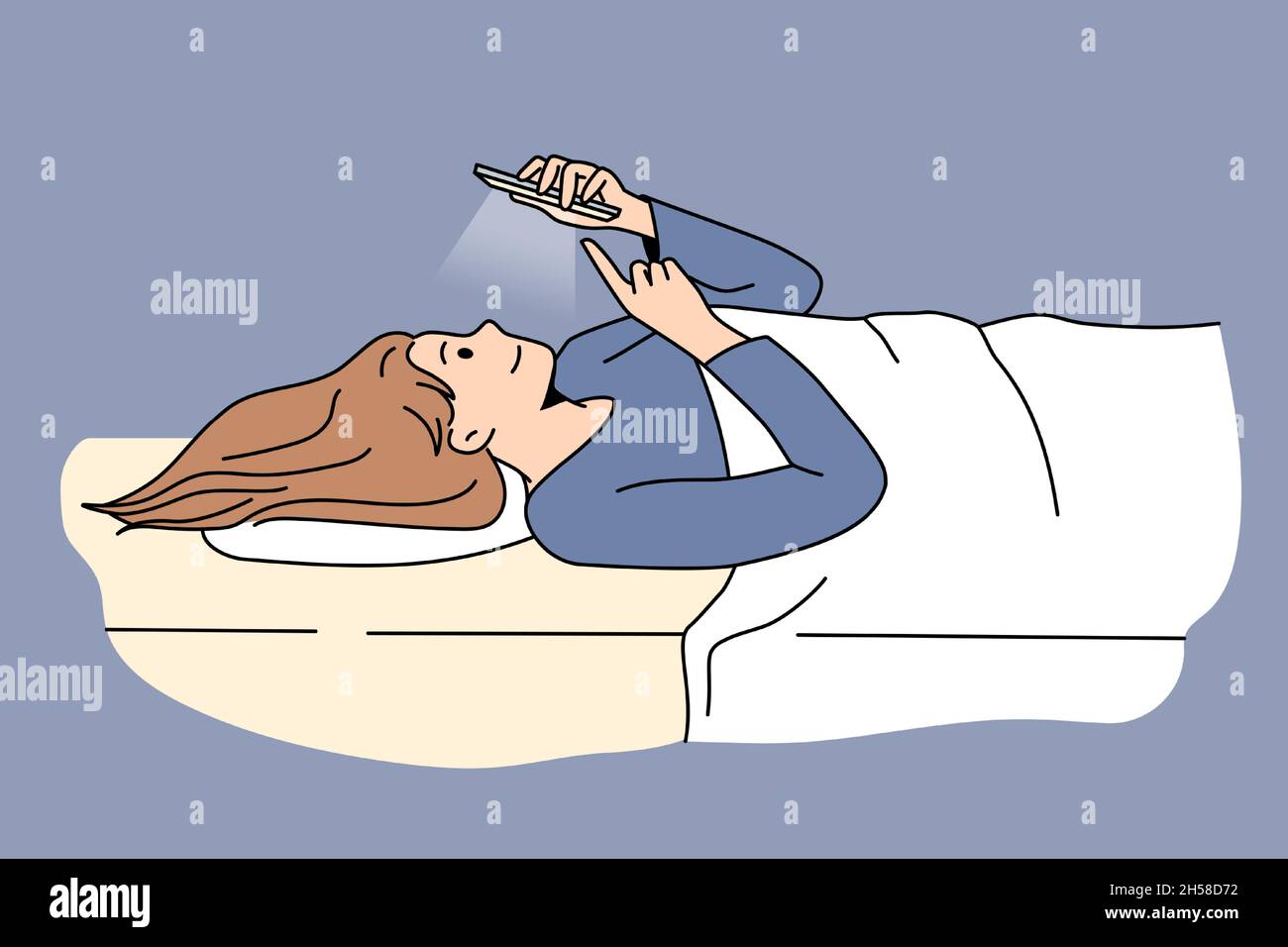 Sucht nach Internet und Chat-Konzept. Junge Frau Zeichentrickfigur im Bett liegend mit Ruhe eingeschaltet Smartphone Chat Vektor Illustration Stock Vektor