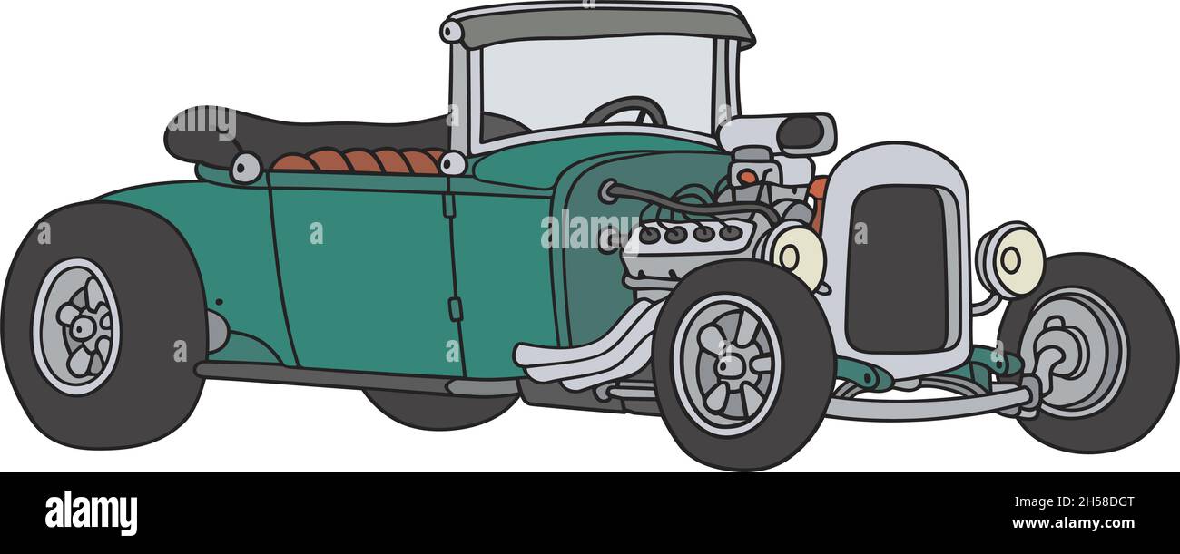 Die vektorisierte Handzeichnung einer lustigen grünen Hotrod Stock Vektor