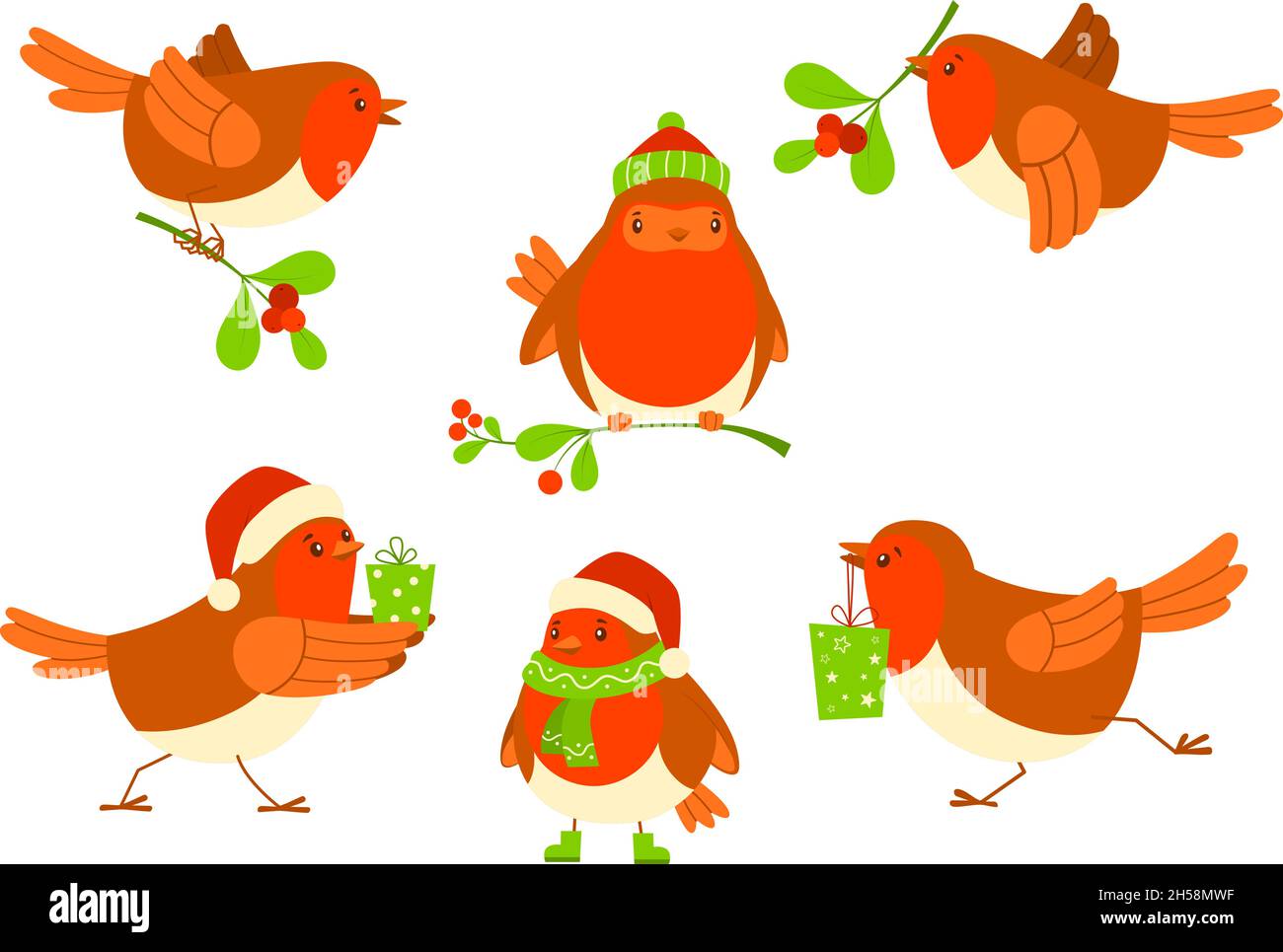 Weihnachtsvögel-Set. Vektor-Illustration für Weihnachtskehlchen Stock Vektor