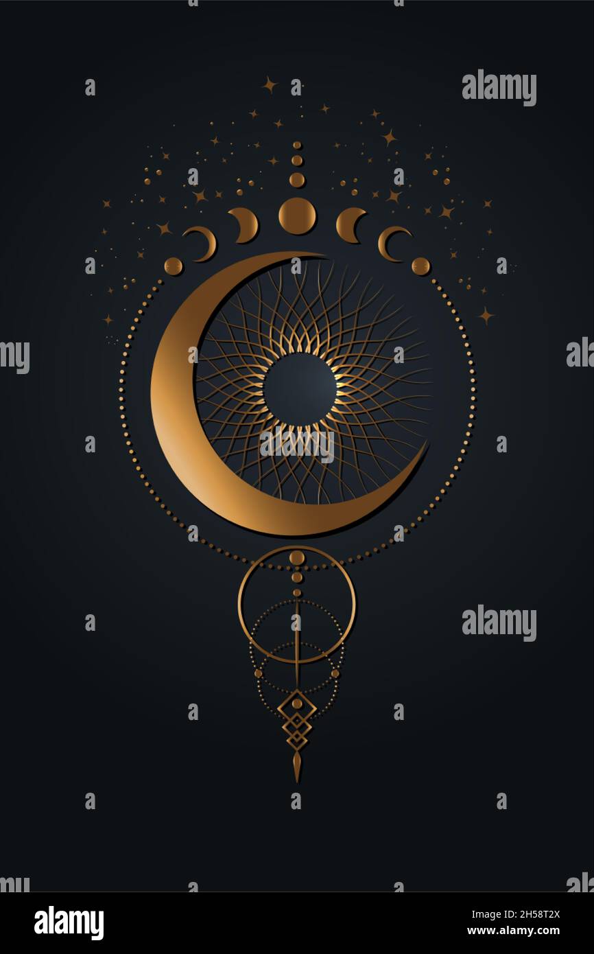 Traumfänger mit Mond und Sonne. Mondphasen rund. Handgezeichnete Illustration im Boho-Stil. Altes goldenes Wicca-Bannerschild, heilige Energiekreise, Vektor Stock Vektor