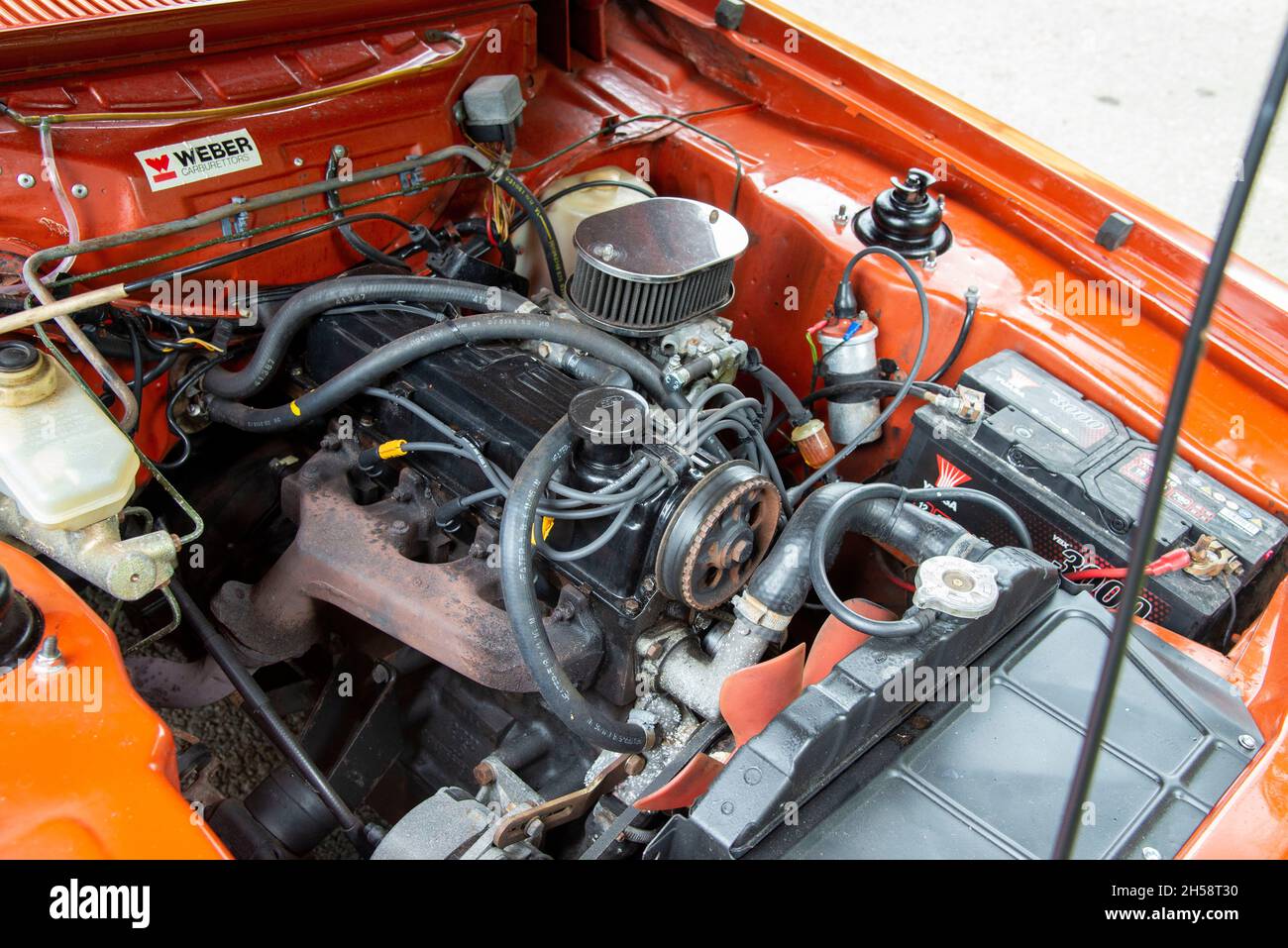 1.6S-Vierzylinder-Ford Capri-Motor mit Weber-Vergaser Stockfoto