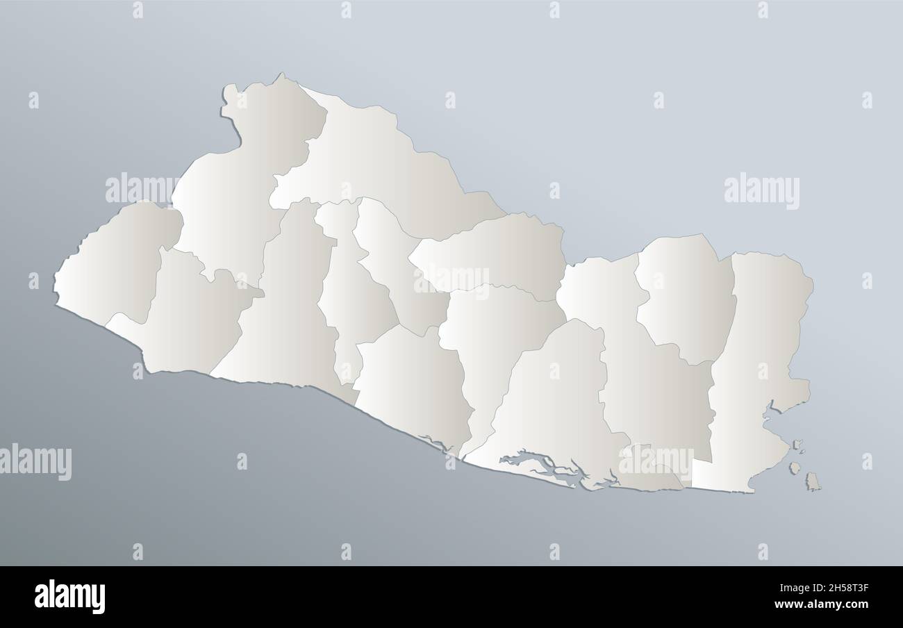 El Salvador Karte, Verwaltungsabteilung, blau weißes Kartenpapier 3D, leer Stockfoto