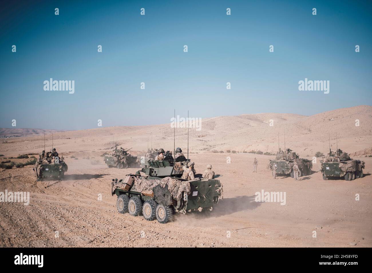 Bislah, Israel. 03. November 2021. US-Marineinfanteristen, die der Light Armored Reconnaissance Company, 11. Marine Expeditionary Unit, zugewiesen wurden, feuern die Hauptwaffe auf ein gepanzertes LAV-25 Fahrzeug während einer israelischen Interoperabilitätsübung im Bislah Training Center am 3. November 2021 in Bislah, Israel. Kredit: SSGT. Donald Holbert/US Marines Photo/Alamy Live News Stockfoto