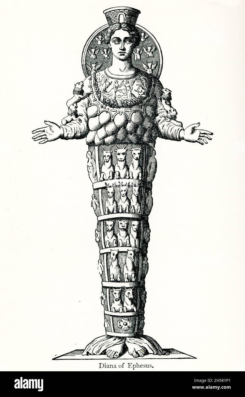 Die griechische Göttin Artemis (Diana für die Römer) war für die Menschen in Ephesus besonders wichtig. Die Epheser glaubten, ihr Geburtsort sei in der Nähe von Ortygia (für andere Griechen war es Delos). Artemis war die Göttin der Keuschheit, der Jagd, der wilden Tiere, der Wälder, der Geburt, Und Fruchtbarkeit. Der Tempel der Artemis in Ephesus, auch bekannt als Artemision und Tempel der Diana, war ein griechischer Tempel, der einer alten, lokalen Form der Göttin Artemis (verbunden mit Diana, einer römischen Göttin) gewidmet war. Es befand sich in Ephesus in der Nähe der modernen Stadt Selçuk in der heutigen Türkei. Es wurde komplett umgebaut twi Stockfoto
